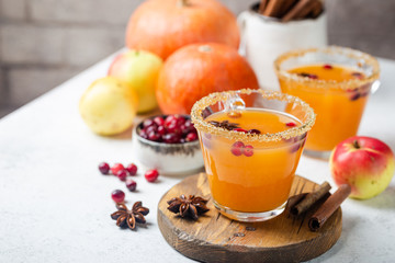 Spicy hot pumpkin punch or sangria in a glass with apple, cinnamon, anise. Halloween and...