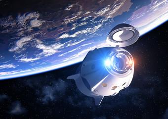 Commercial Spacecraft With Open Docking Hatch Orbiting Planet Earth © 3dsculptor