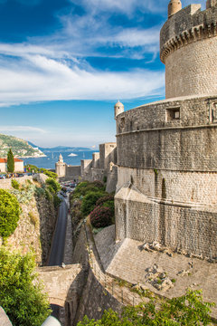 Dubrovnik, Croatia - July, 2019: Beautiful mediterranean scenery in town Dubrovnik, famous european travel and historic destination in Croatia