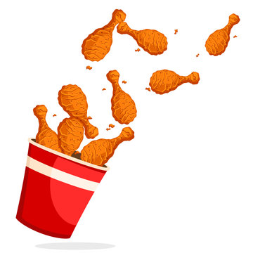 Fried Chicken Legs Flew Out Of The Bucket On A White Background.