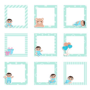 Set of cute colorful photo frame with baby icons