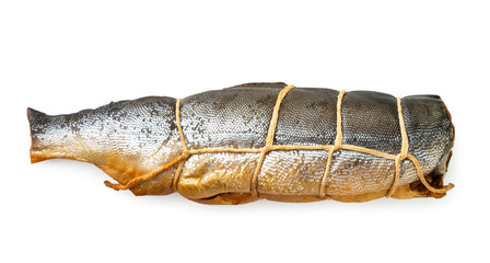 Smoked fish tied with a rope on a white background. The view of the top.