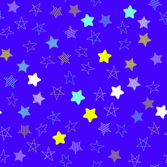 Stars in different shapes and forms. Merry Christmas and New Year seamless vector pattern. Colorful background for Xmas.