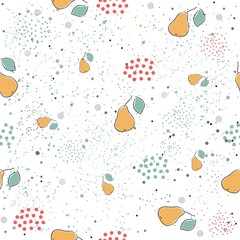 Cute Seamless Pattern with pears and dotted background. hand Drawn Delicate Design. Scandinavian Style. For cards, templates, gift paper, prints, decorations, templates, etc. Vector Illustration