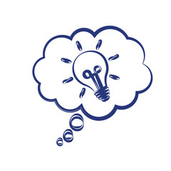 Bubble of thoughts with idea bulb light symbol on white background. Energy and idea sign, solution.  Vector illustration