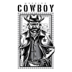 Fototapeta na wymiar Cowboy Warrior Black and White Illustration