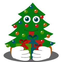 Christmas tree shows tongue and hides gifts. isolated flat vector illustration