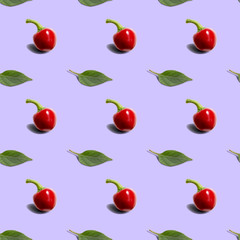 Seamless background with hot red pepper round with green leaf on purple background. Modern style isometric concept.