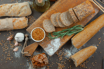 Bread products on the table in composition 