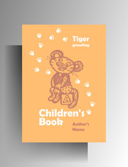 Cute tiger cub. Design template cover for children’s book, postcard, poster. The character is manually drawn. Vector 10 EPS.