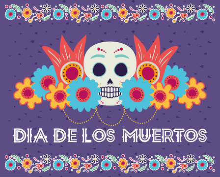 dia de los muertos card with head skull and flowers