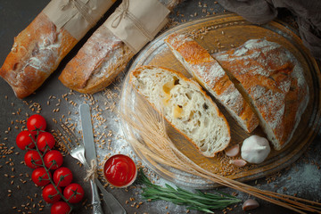 Bread products on the table in composition - close-up