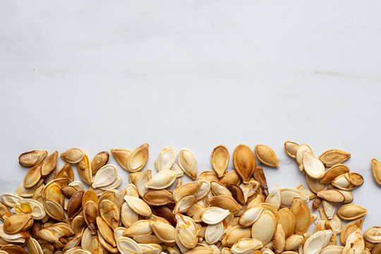 Roast Pumpkin Seeds Background, Flat Lay