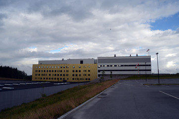 Fototapeta na wymiar View of architecture of the Ostfold Regional Hospital. Osfold Region, Norway