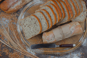 Bread products on the table in composition - close-up