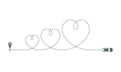 Route of the car as dotted line in the form some hearts. Car moving on its route on white background. Travel concept. Vector illustration