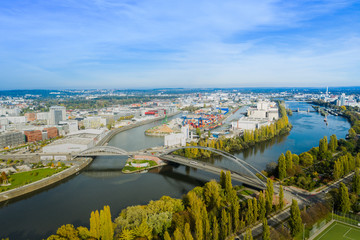  Aerial view towards the central bank of Frankfurt am Main Germany.