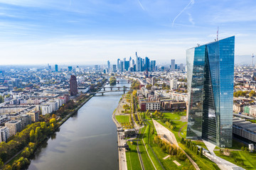  Aerial view towards the central bank of Frankfurt am Main Germany.