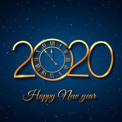Naklejka premium 2020 Happy New Year background with gold clock on blue