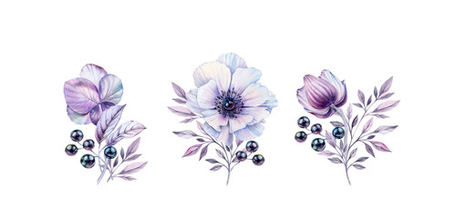 Watercolor anemone bouquets set. Hand-painted realistic botanical illustrations bundle. Isolated on white flowers, leaves, berries for wedding stationery, card printing, banners