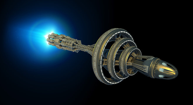 Detailed interstellar spaceship with afterburner isolated on black