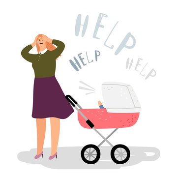 Postnatal depression concept. Crying woman, newborn in buggy. Vector postpartum depression, mother need help