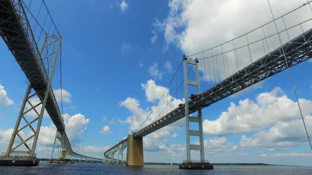 Wide Angle: Boats Sitting Under the Two Large Bridges in the Chesapeake Bay in Annapolis, Maryland
