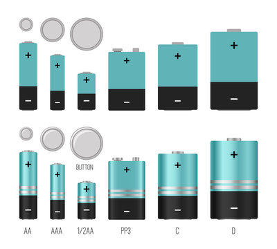 Battery size illustration. Batteries sizes vector image isolated, batterys styles, different batterie electronic industrial objects, lithium chemical electrical componenets