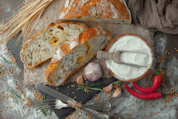 Bread products on the table in composition - close-up