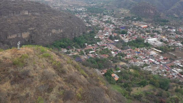 Spectacular aerial drone view from the Hill of the Three Crosses in the colonial town of Malinalco, Mexico