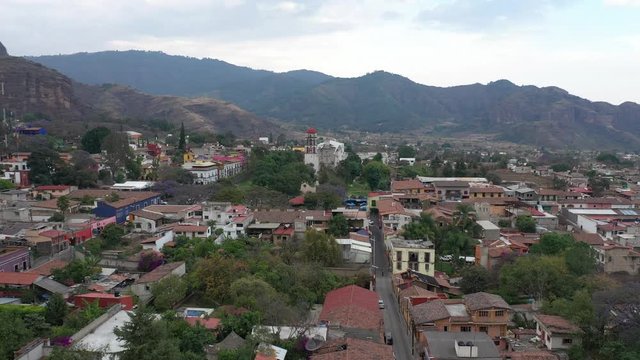 Aerial drone video of the colonial Transfiguration Agustinian Convent in Malinalco during the rehabilitation of the building after the earthquake, Mexico