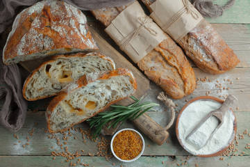 Bread products on the table in composition 