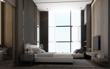 Interior design of modern luxury bedroom room with bed and night table, grey wooden wall decorate built-in, sunlight at the windows and wooden floor. 3d rendering