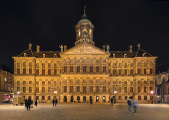Fototapeta na wymiar Illuminated Royal Palace, Dam Square Amsterdam, city hall during Dutch Golden Age, seventeenth century.