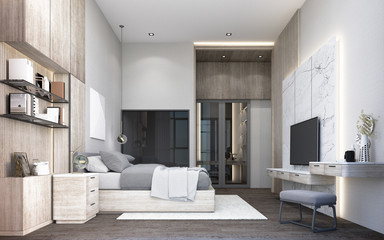 Interior design of modern luxury bedroom room with bed and night table, grey wooden wall decorate built-in, sunlight at the windows and wooden floor. 3d rendering