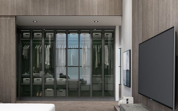 Interior Design Of Modern Luxury Walk-in Closet With Slide Door And Wooden Floor. 3d Rendering