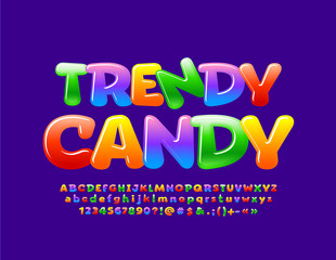 Vector colorful logo Trendy Candy. Glossy Alphabet Letters, Numbers and Symbols. Bright modern Font