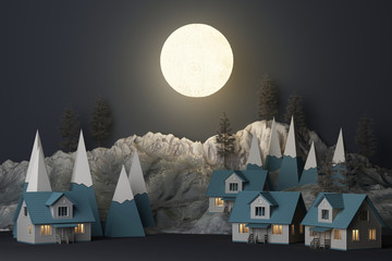 Beautiful Christmas winter snowy landscape background in night theme with full moon and mountains...
