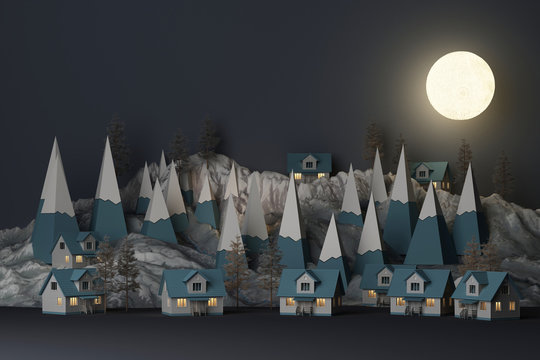 Beautiful Christmas winter snowy landscape background in night theme with full moon and mountains and low poly fir trees. 3d rendering