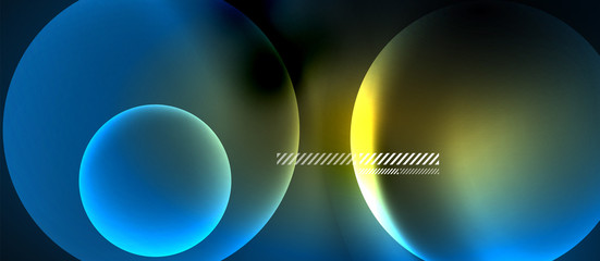 Glowing neon transparent bubbles background. Techno modern circles in dark space.