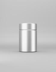 Medium metal jar with lid mockup on a gray background. Template packaging food, cosmetics, chemistry. 3D rendering
