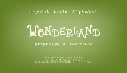 Wonderland, white curly font. Hand drawn vector alphabet. Capital and small letters, numbers, signs. Funny typeface for mystical and cartoon design
