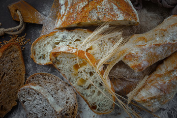 Bread products on the table in composition - close-up