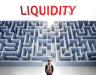Liquidity can be hard to get - pictured as a word Liquidity and a maze to symbolize that there is a long and difficult path to achieve and reach Liquidity, 3d illustration