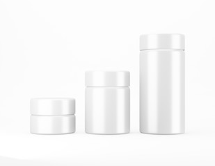 Set of white glossy jar mockup on white background. Template packaging food, cosmetics, chemistry different sizes big, medium, small. 3D rendering