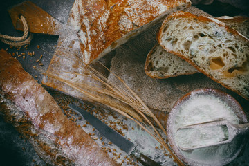 Bread products on the table in composition 