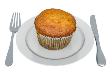 Cupcake on plate with fork and knife, 3D rendering