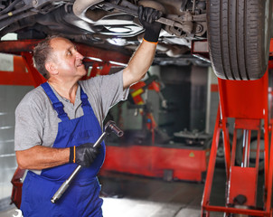 Technician working at service station, repairing car