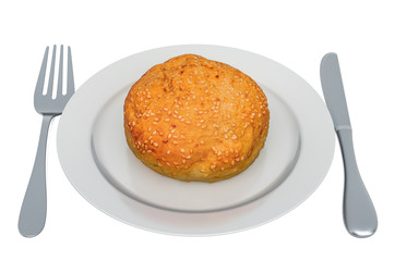 Hamburger bun on plate with fork and knife, 3D rendering