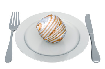Zephyr, marshmallow on plate with fork and knife, 3D rendering
